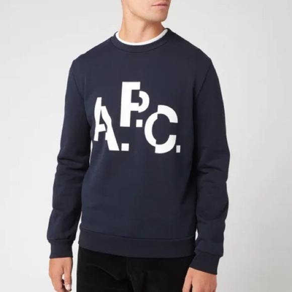 A.P.C. Mens Decale Sweatshirt Navy Blue Misaligned Logo Spellout Sz M - Picture 1 of 12
